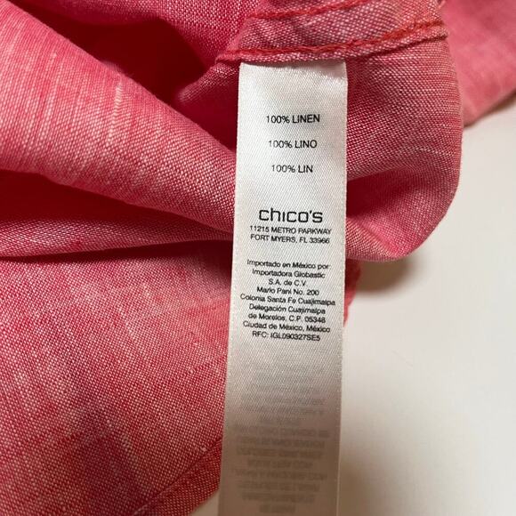 Chicos 100% Linen No Iron Button Up Shirt Pink Red Coral Size 1 Collar Summer - Picture 4 of 9